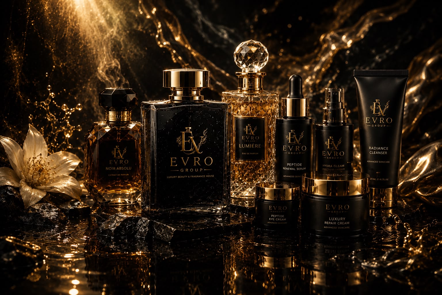 EVRO Group luxury perfume, serum, cream and cleanser lineup on black and gold marble