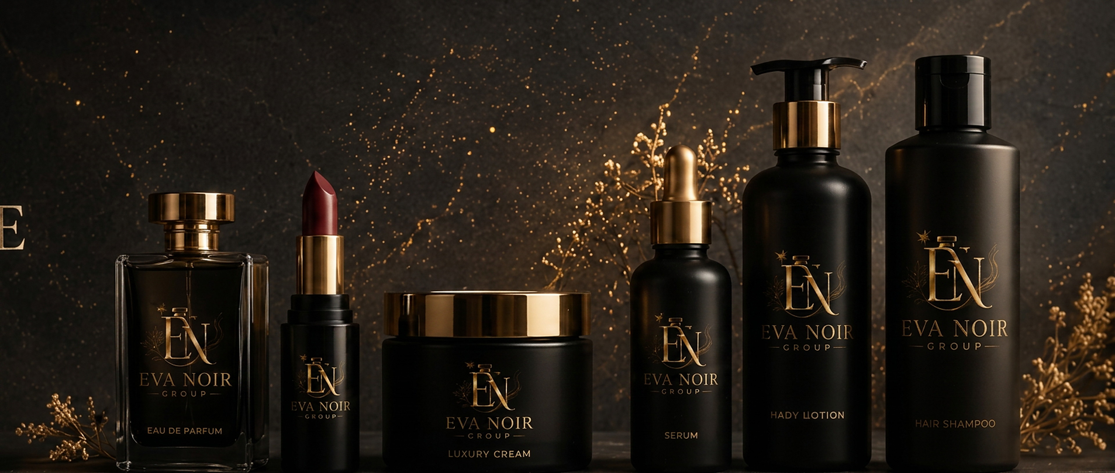 Eva Noir Group luxury perfume, lipstick, cream, serum, body lotion and shampoo lineup on black marble
